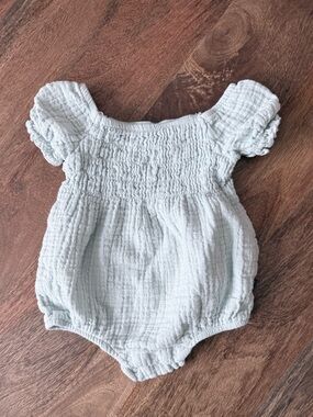 Light Mint Gauze Baby Romper with Smocked Detail